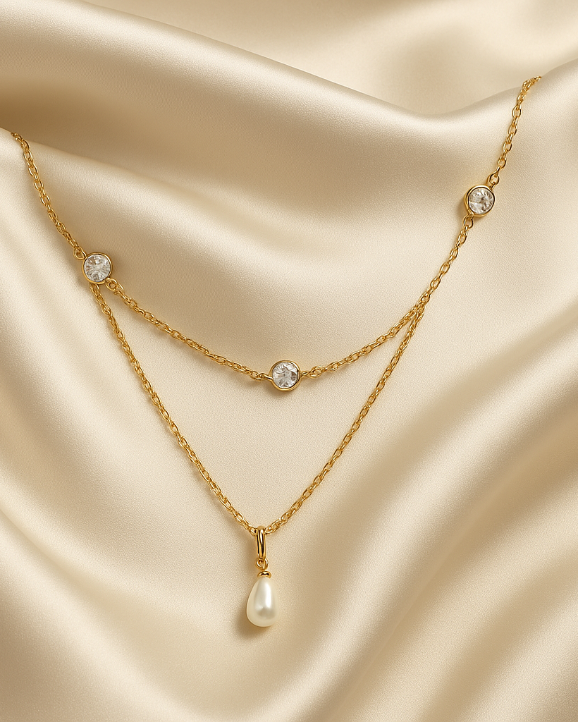 Zircon & Pearl Double Layer Necklace