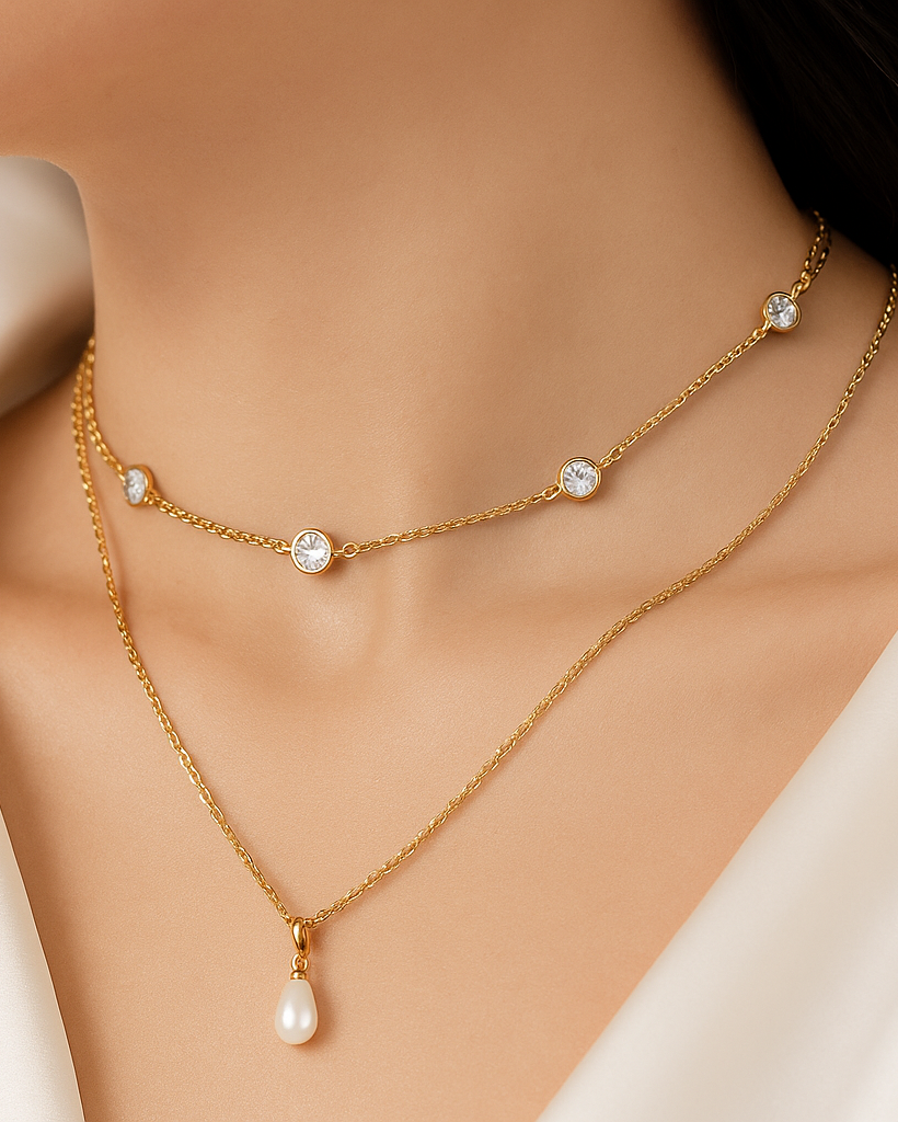Zircon & Pearl Double Layer Necklace