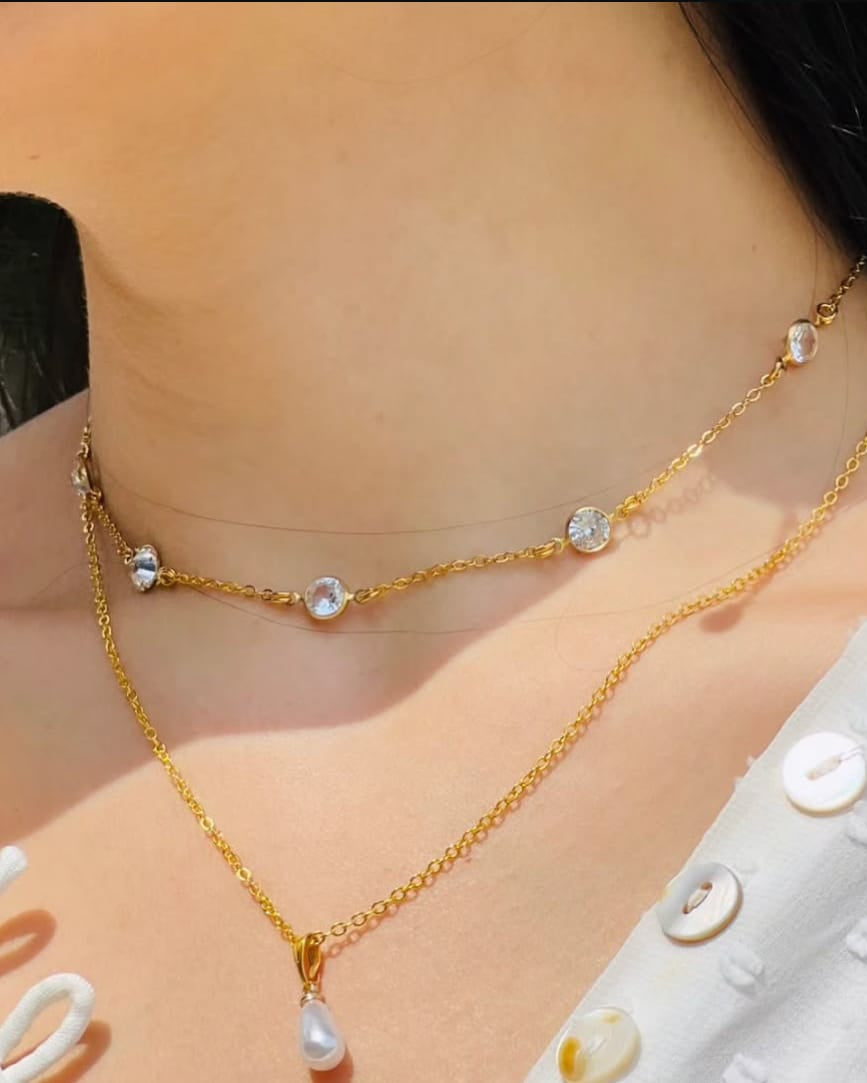 Zircon & Pearl Double Layer Necklace